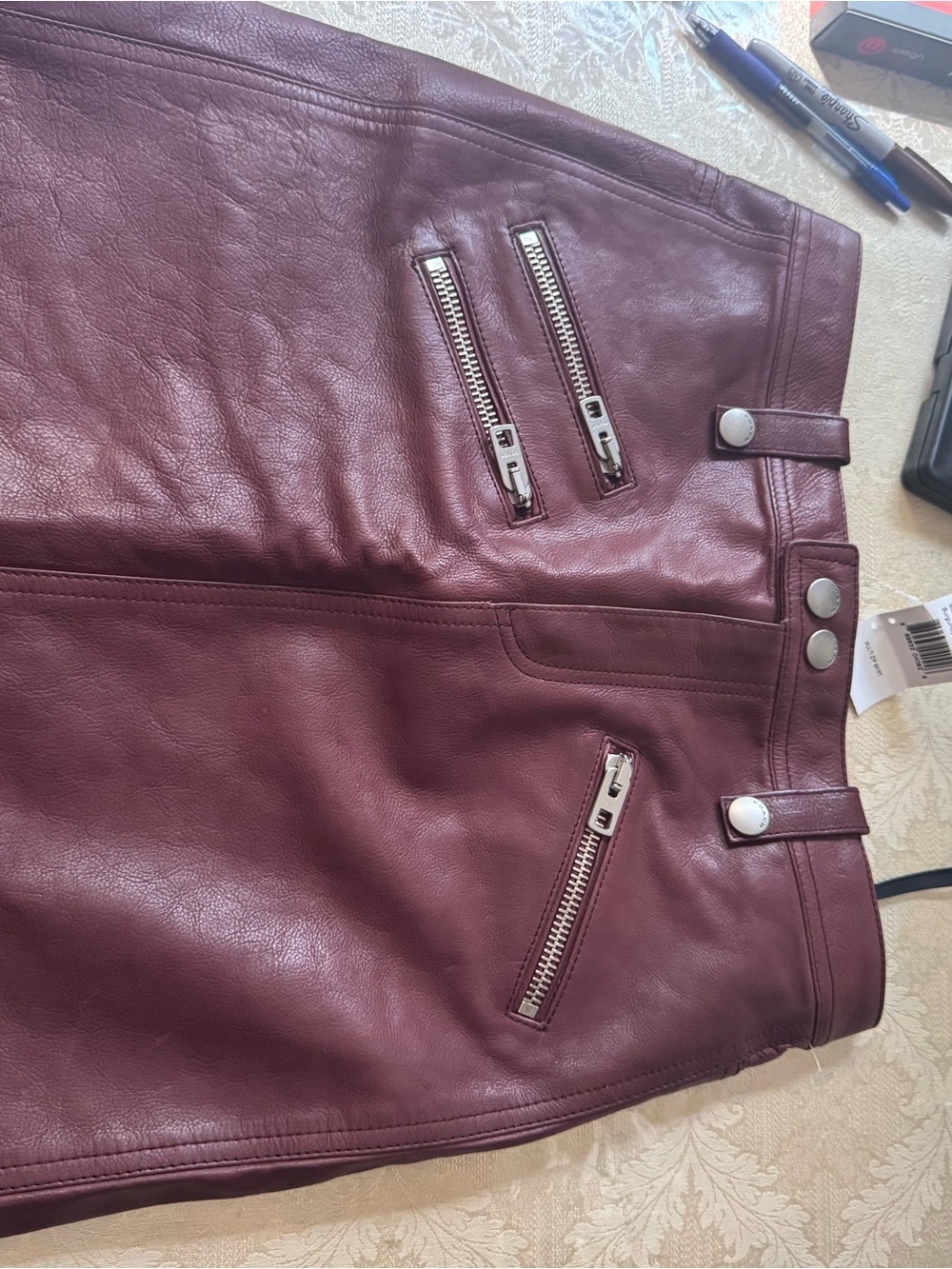 NWT Coach Burgundy Pebbled Leather Multi Zip Moto Mini Skirt 0